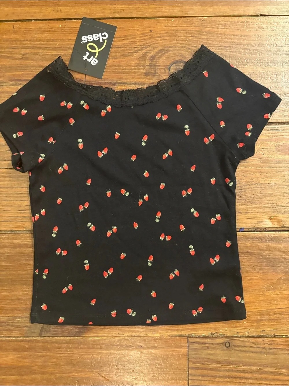 art class Black strawberry Print Tee & Black Tank Top Set